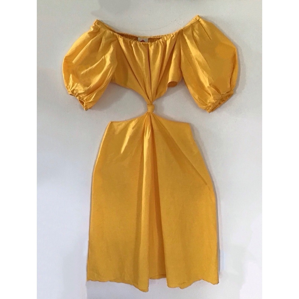 Farm Rio Yellow Linen Cutout Puff Sleeve Off Shoulder Midi Knot Dress NWT Med - Picture 5 of 7